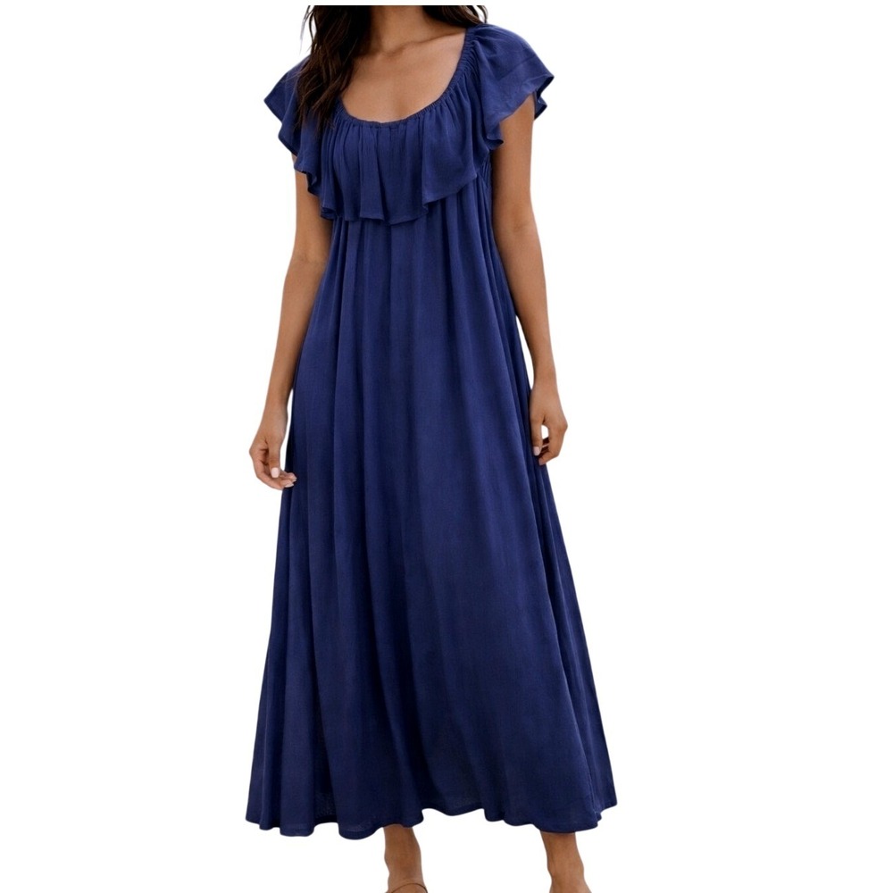 Sandra Darren Women Navy Off Shoulder Ruffle Shift Dress 16 Crepe Lined Midi